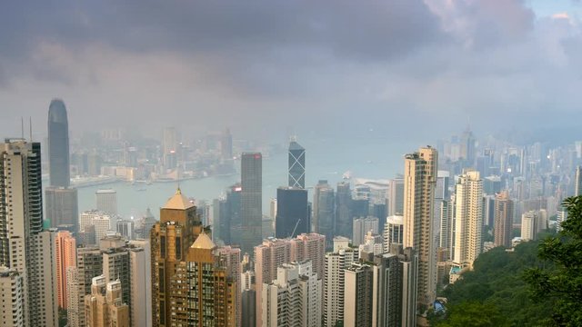 Panning shot of Hong Kong skyline. View from Victoria Peak.