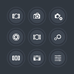 photography icons, camera, aperture, photography signs, camera pictograms, dark icons set, vector illustration