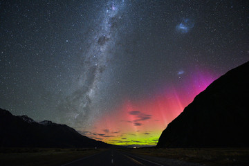 NEW ZEALAND 18TH APRIL 2015: Australis aurora and Milky way at the National Park South Islands, New Zealand