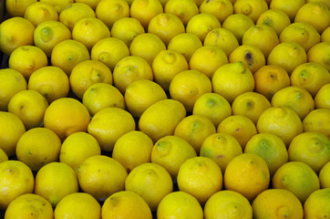 Detail of lemons stacked in rows at market place