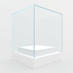 Empty glass showcase for exhibit. gray background
