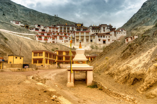 Rizong monastery with view of Himalayan mountians, Leh, Ladakh, Jammu and Kashmir, India.