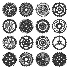 Vector illustration of gears set in steam punk style. 16 isolated on white cogwheels silhouettes. Fully editable file for cards, subculture accessories, t shirts print design and your other projects.