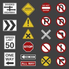 Vector 20 road signs collection. "Stop", "No parking", "One Way","All way", "Speed limit", "Do not enter", "Not Allowed", "Divided Highway", "Railroad Crossing" and other signs for your projects.