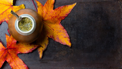 Yerba herb mate latin american tea black background. Top view