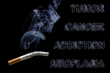 Burned cigarette and text Cancer, Tumor, addiction and neoplasia