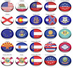 Set of icons. States and territories of USA flags.   