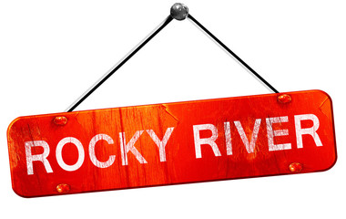 rocky river, 3D rendering, a red hanging sign