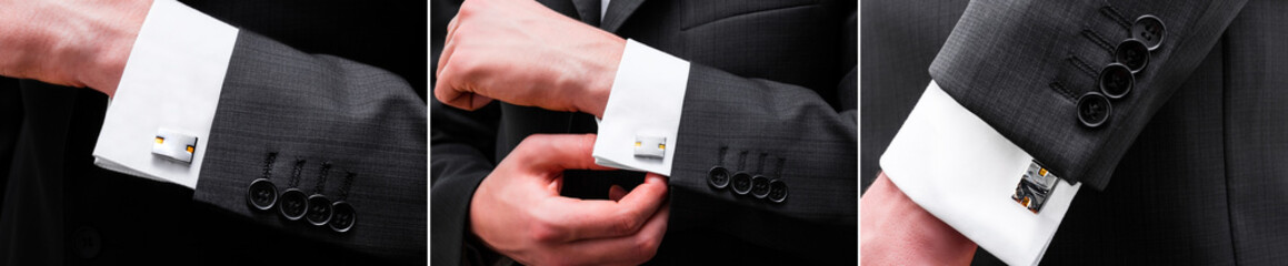 elegant young fashion man looking at his cufflinks while fixing them