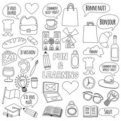 Online french courses Language school Vector set of doodle icons