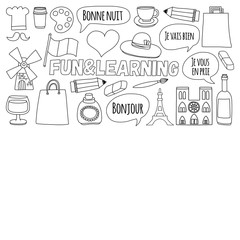 Online french courses Language school Vector set of doodle icons