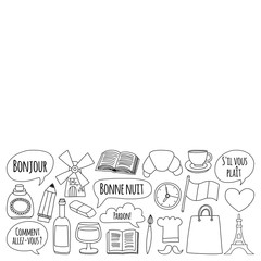 Online french courses Language school Vector set of doodle icons