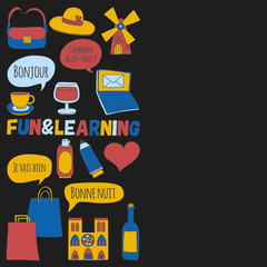 Online french courses Language school Vector set of doodle icons