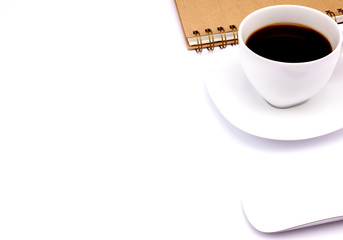 Business work place with cup of coffee on white table