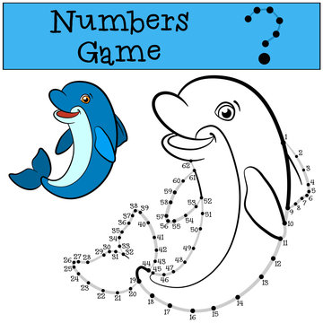 Educational games for kids: Numbers game with contour. Little cute dolphin jumps out of the water and smiles.