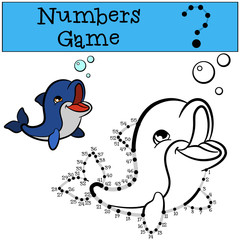 Educational games for kids: Numbers game with contour. Little cute baby dolphin swims and smiles.