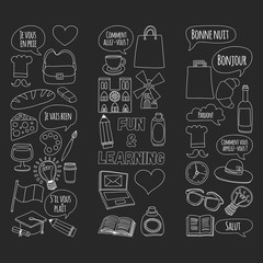 Online french courses Language school Vector set of doodle icons