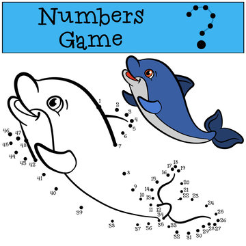 Educational games for kids: Numbers game. Little cute baby dolphin swims and smiles.