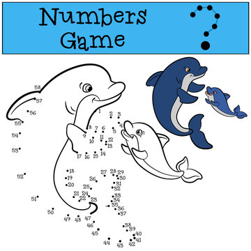 Educational games for kids: Numbers game. Mother dolphin swims with her little cute baby dolphin.