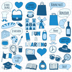 Online french courses Language school Vector set of doodle icons