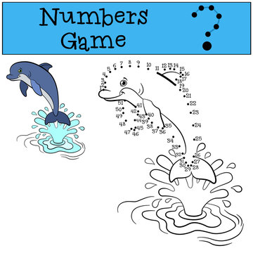 Educational games for kids: Numbers game. Little cute dolphin jumps out of the water and smiles.