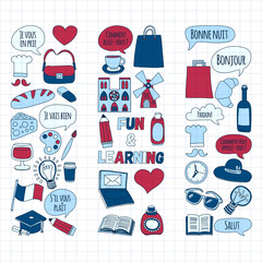 Fototapeta na wymiar Online french courses Language school Vector set of doodle icons