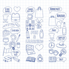 Online french courses Language school Vector set of doodle icons