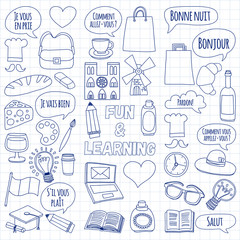Online french courses Language school Vector set of doodle icons