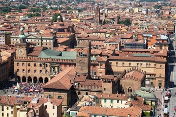 Fototapeta na wymiar Holidays in Bologna, view to Piazza Maggiore from Tower Asinelli, Italy 