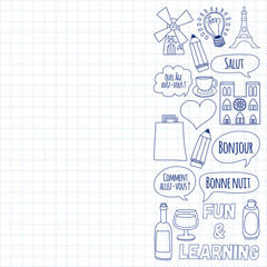 Online french courses Language school Vector set of doodle icons