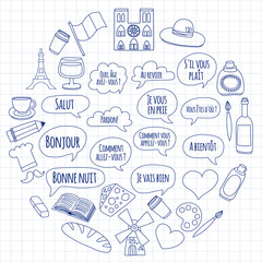 Online french courses Language school Vector set of doodle icons