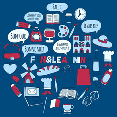 Online french courses Language school Vector set of doodle icons