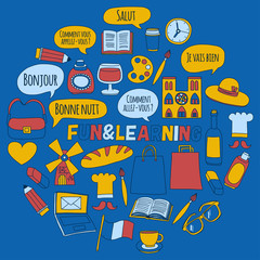 Online french courses Language school Vector set of doodle icons