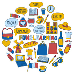 Online french courses Language school Vector set of doodle icons