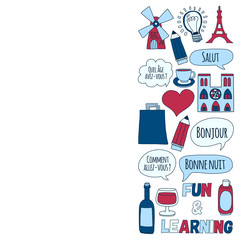 Online french courses Language school Vector set of doodle icons