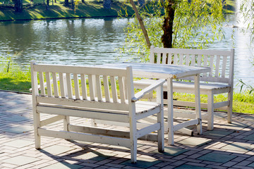 beautiful picnic area with wooden table