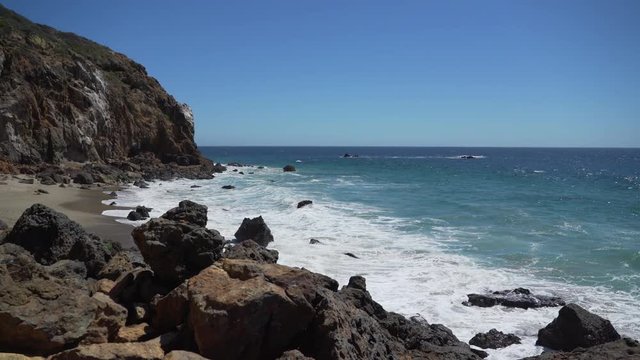 Left pan to secluded beach at Point Dume