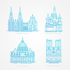 Linear icion set. World famous cathedral. Landmarks of europe.. Paris Moscow Rome and Cologne