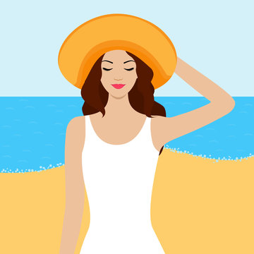 Illustration of girl with closed eyes on the beach