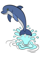 Cartoon animals for kids. Little cute dolphin jumps out of the water and smiles.