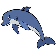 Cartoon animals for kids. Little cute dolphin jumps.