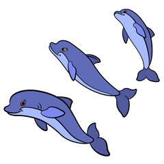 Cartoon animals for kids. Group of little cute dolphins jump.