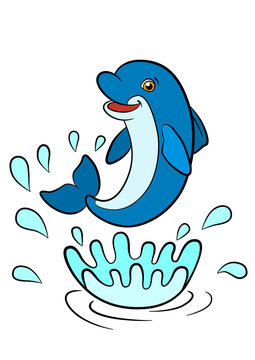 Cartoon animals for kids. Little cute dolphin jumps out of the water and smiles.