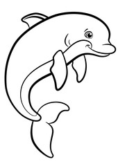 Naklejka premium Coloring pages. Marine wild animals. Cute dolphin jumps.
