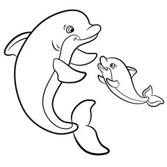 Coloring pages. Marine wild animals. Mother dolphin swims with her little cute baby dolphin.