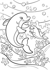 Naklejka premium Coloring pages. Marine wild animals. Mother dolphin swims underwater with her little cute baby dolphin.