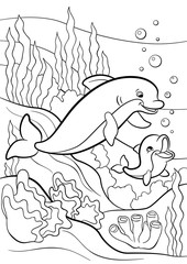 Coloring pages. Marine wild animals. Mother dolphin swims underwater with her little cute baby dolphin.