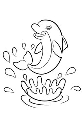 Coloring pages. Marine wild animals. Little cute dolphin jumps out of the water and smiles.