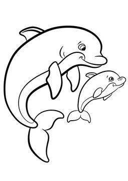 Coloring pages. Marine wild animals. Mother dolphin swims with her little cute baby dolphin.