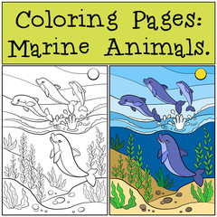 Coloring Pages: Marine Animals. Group of cute dolphins jumps out of the water and smiles.